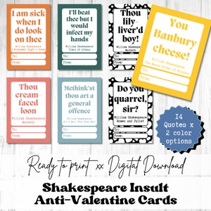 Funny Shakespeare insulte les anti-Saint-Valentin, activité de bibliothèque humoristique, Saint-Valentin sarcastique, Saint-Valentin imprimable, couleurs de classe Boho modernes