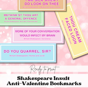 Marcadores para impressão engraçados de Shakespeare Anti-Valentines, atividade humorística na biblioteca, humor em sala de aula, dia dos namorados sarcástico, download digital