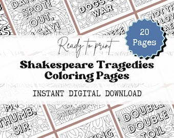 Shakespeare Quote Coloring Pages, Shakespeare Tragedies, Fun Classroom Activity, Mindful Coloring, Substitute Lesson Plan, Sub Day Activity