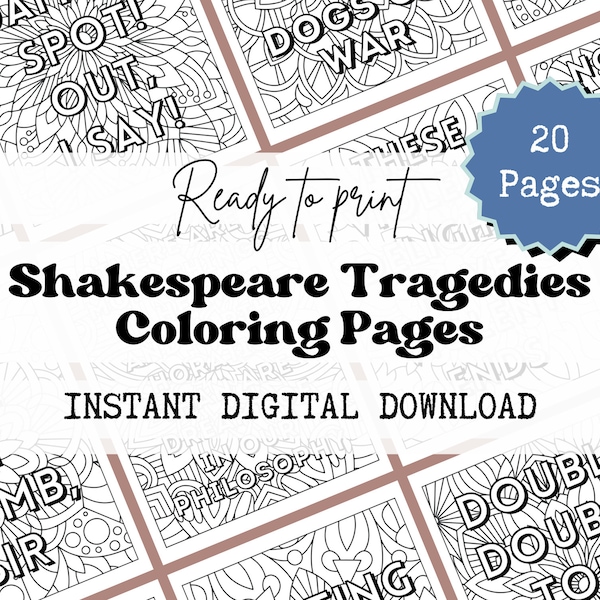 Shakespeare Quote Coloring Pages, Shakespeare Tragedies, Fun Classroom Activity, Mindful Coloring, Substitute Lesson Plan, Sub Day Activity