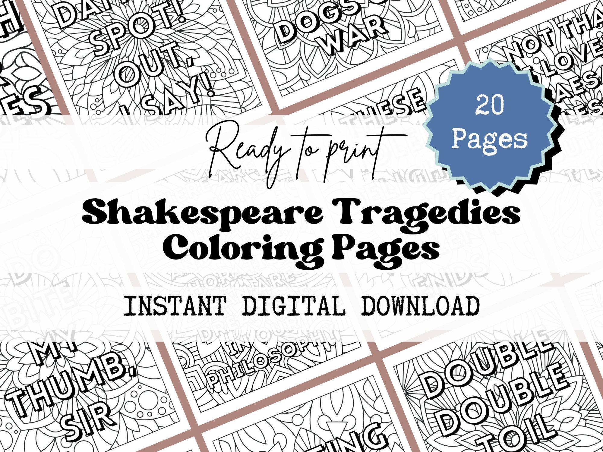 Shakespeare Quote Coloring Pages, Shakespeare Tragedies, Fun Classroom Activity, Mindful Coloring, Substitute Lesson Plan, Sub Day Activity