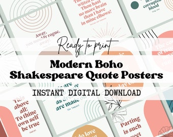 Modern Boho Shakespeare Quote Prints for Calm Classroom, Mid-Century Modern Aesthetic, Reading Corner, Book Nook, Theatre Teacher, Library