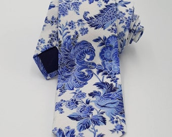 Blue and White Tie, Floral Tie, Skinny Tie, Mens Tie, Porcelain China Tie, Wedding Tie, Groom, Groomsmen, Spring Tie, Easter Tie