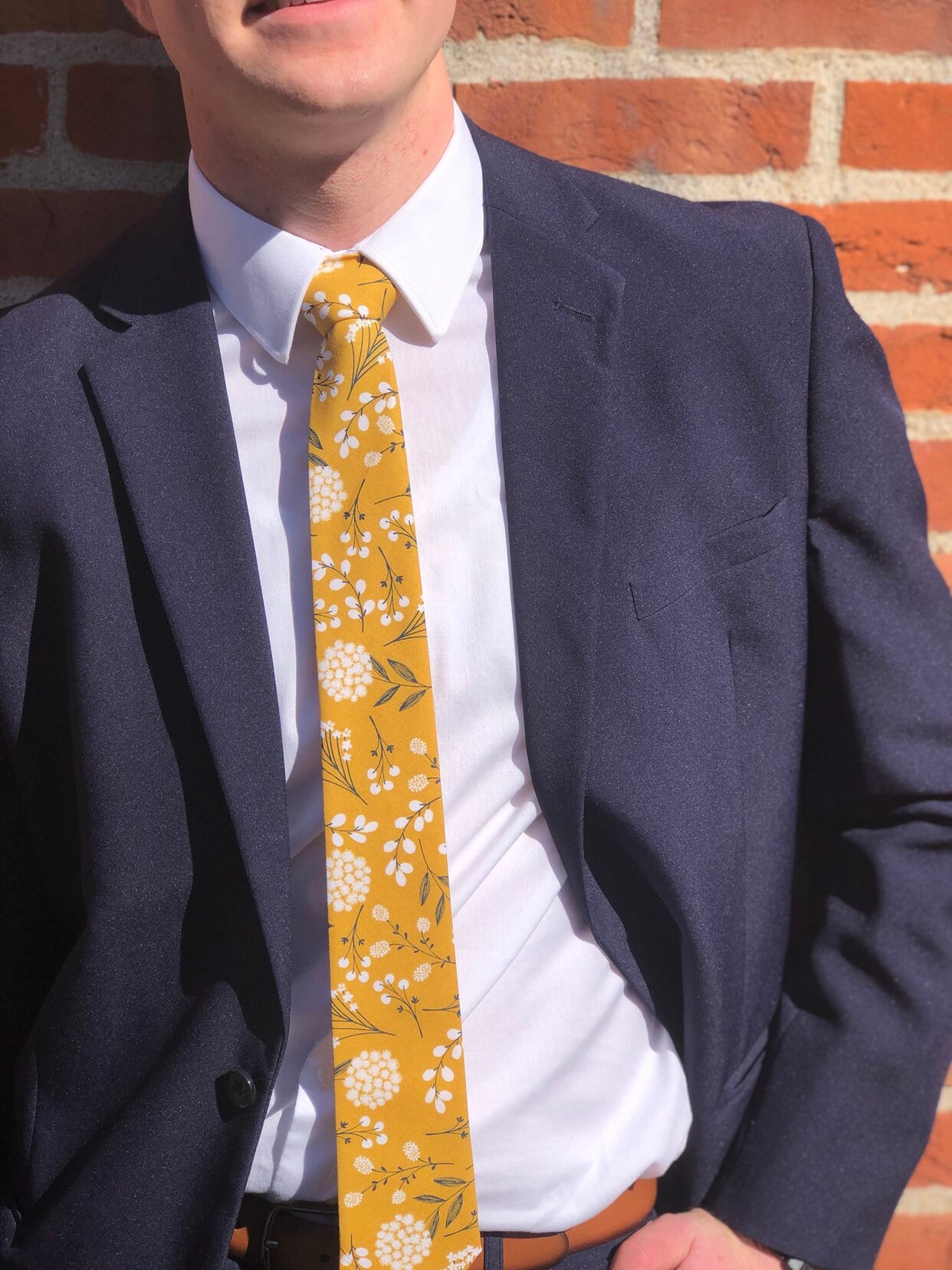 Mustard Yellow Tie White Navy Blue Floral Tie Skinny Tie Etsy UK