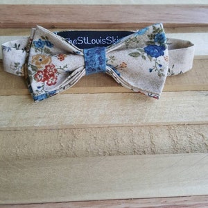 May include: A beige bow tie with a floral pattern and a blue stripe. The bow tie has the text "The St. Louis Skin" on the back.