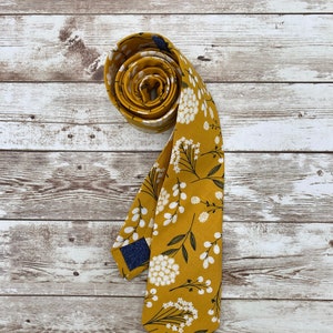 Mustard Yellow Tie, White, Navy Blue Floral Tie, Skinny Tie, Wedding Tie, Groom Tie, Floral Tie, Spring, Summer, Mustard Yellow, Wedding