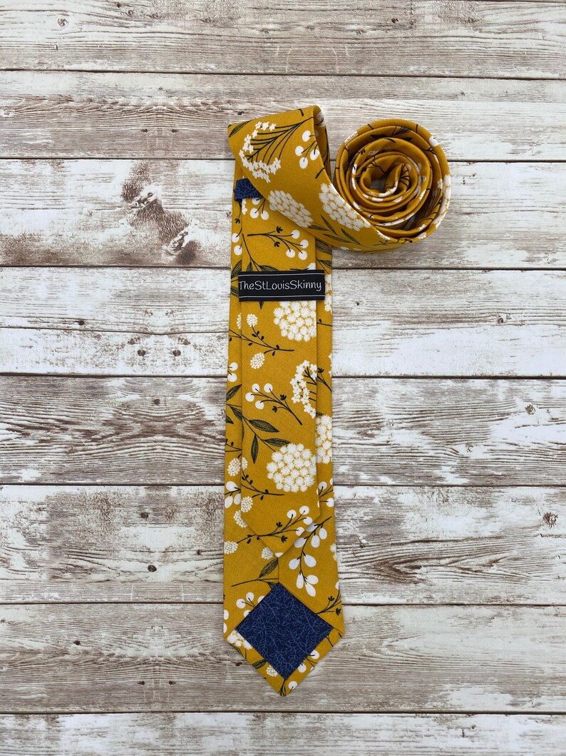 Mustard Yellow Tie White Navy Blue Floral Tie Skinny Tie Etsy