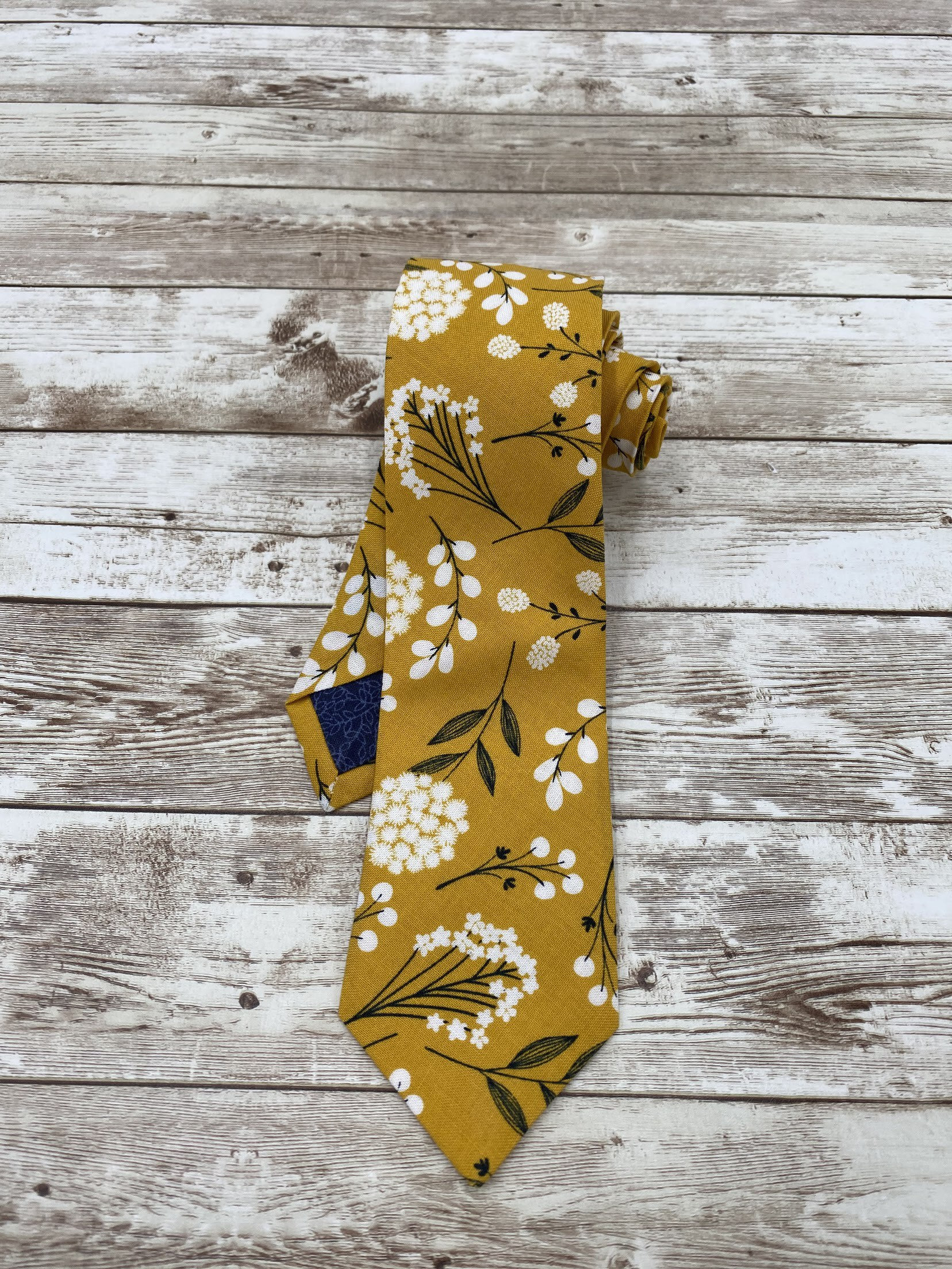 Mustard Yellow Tie White Navy Blue Floral Tie Skinny Tie Etsy