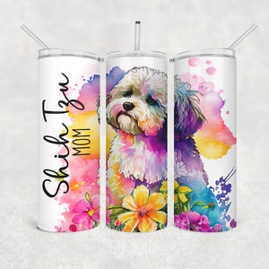 Colorful Floral Shih Tzu Mom Skinny Tumbler, Personalized Shih Tzu  Floral Travel Tumbler, Dog Breed Stainless Steel Tumbler, Dog Mom Gift