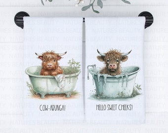 Cute Bathtub Highland Cows Hand Towels, Highland Cow Towels, Farmhouse Kitchen and Bath Decor, Highland Cow Decor, Cow Bathroom Towel