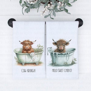 Cute Bathtub Highland Cows Hand Towels, Highland Cow Towels, Farmhouse Kitchen and Bath Decor, Highland Cow Decor, Cow Bathroom Towel