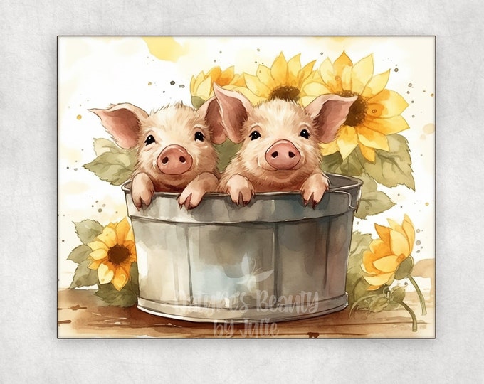 Watercolor Sunflower Pigs in a Bucket Textured Wall Panel, Pigs and