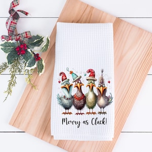 Merry as Cluck Chicken Hand Towel, Christmas Chicken Towel, Funny Holiday Chicken Decor, Farmhouse Kitchen, Christmas Chicken Gift