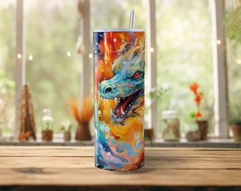 Abstract Ink Dragon Skinny Tumbler, Abstract Dragon Cup, Dragon Art Stainless Steel Premium Glossy Skinny Tumbler with Straw