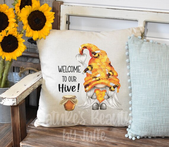 Welcome to Our Hive Bee Gnome Pillow Case Bee Gnome Throw Pillow Cover Spring Gnome Pillow Cover Gnome Decor Bee Pillow Cover Etsy
