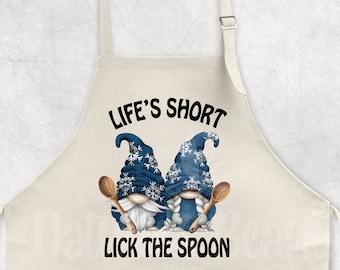 Life&#39;s Short Lick the Spoon Blue Snowflake Kitchen Apron, Navy Blue Snowflake Gnome Apron, Cooking Apron, Christmas Apron