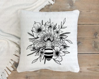 Black and White Floral Bee Pillow Case,  Bee and Flowers Throw Pillow Cover, Floral Bee Decor, Honey Bee Gift, Farmhouse Bee Decor