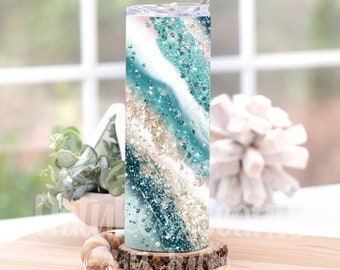 Aqua Teal Agate Faux Glitter Printed 20oz Skinny Tumbler, Teal Milky Way Stainless Steel Skinny Tumbler, Fun Summer Tumbler, Travel Tumbler