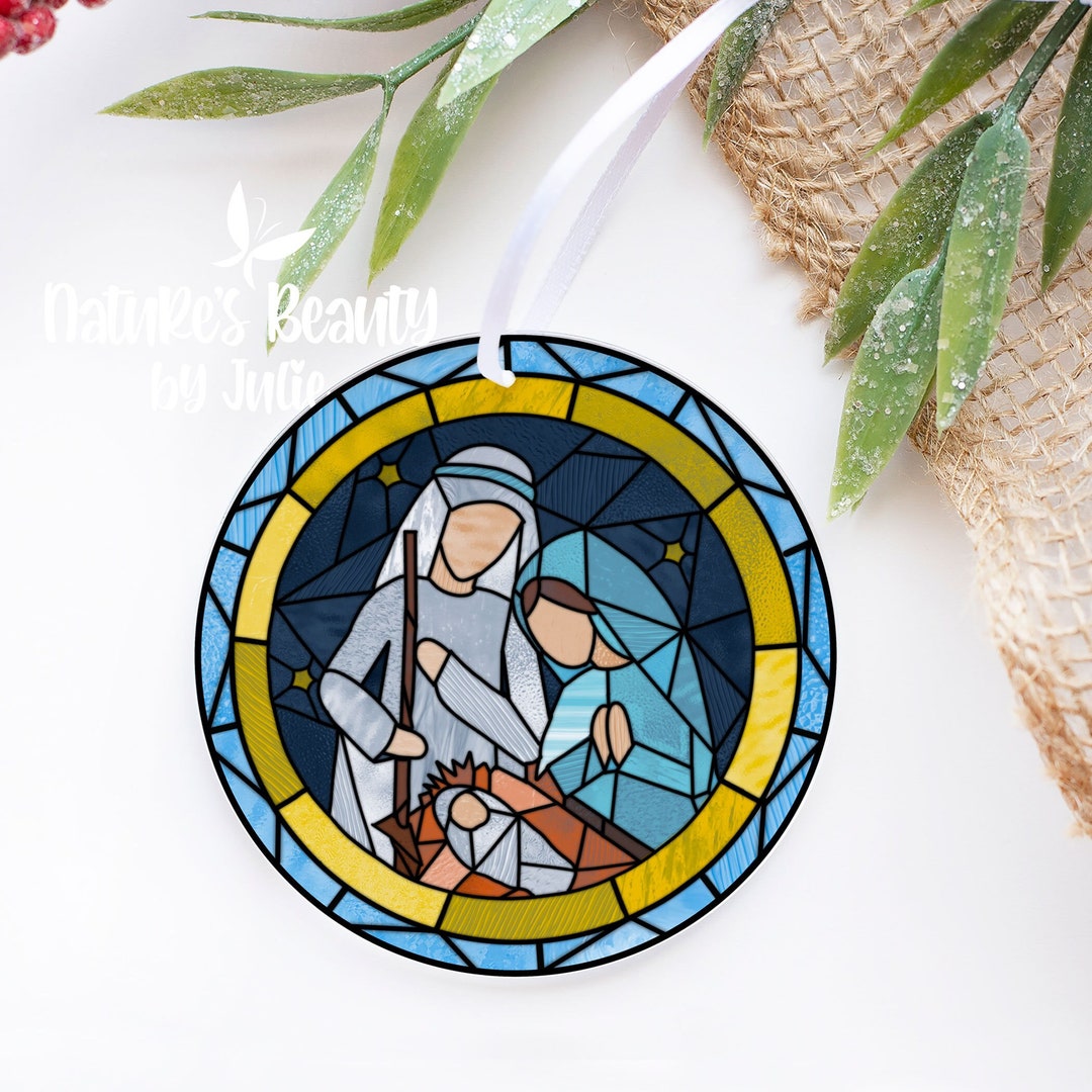 Nativity Stained Glass Look Ornament, Glass Ornament, Printed Nativity