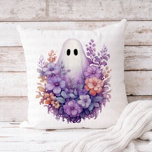 Floral Purple Ghost Pillow Case, Fall Ghost Throw Pillow Cover, Fall Decor, Cute Autumn Ghost Pillow Case, Halloween Decor