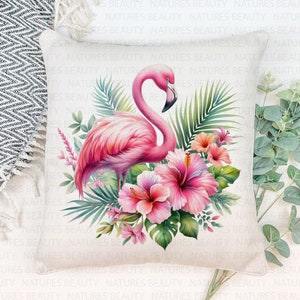 Watercolor Floral Flamingo Pillow Case, Flamingo Throw Pillow Cover, Decorative Flamingo Pillow Cover, Tropical Decor