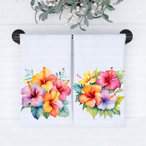 Watercolor Hibiscus Hand Towels, Tropical Flowers Hand Towels, Hibiscus Kitchen and Bath Decor, Summer Hand Towels, Mothers Day Gift