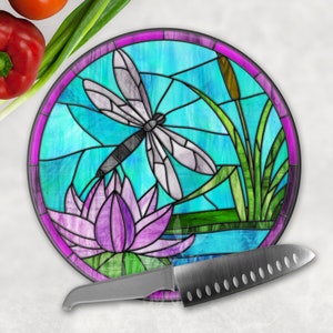 Faux Stained Glass Dragonfly and Lily Cutting Board, Dragonfly Glass Cutting Board, Dragonfly Decor, Dragonfly Spring Kitchen
