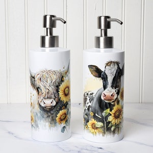 Highland and Dairy Cow Sunflower Soap or Lotion Dispenser, Cow Kitchen and Bath Decor, Highland Cow and Dairy Stainless Steel Soap Dispenser