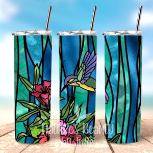 Hummingbird Stained Glass Look  20oz Skinny Tumbler, Spring Stainless Steel Tumbler, Mothers Day, Beach Vacation Tumbler, Gift for Grandma