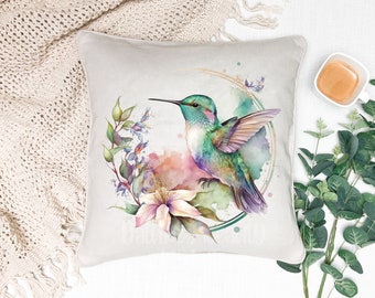 Watercolor Floral Hummingbird Pillow Case, Hummingbird Throw Pillow Cover, Decorative Hummingbird Pillow Cover, Hummingbird Summer Decor