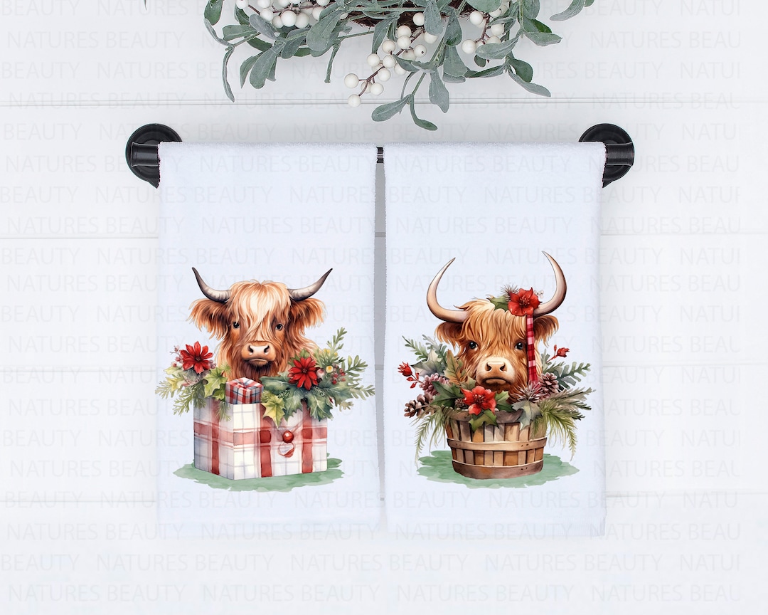 Christmas Highland Cow Kitchen or Bathroom Towels, Holiday Cows Hand ...