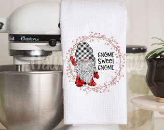 Gnome Sweet Gnome Kitchen Towel, Winter Gnome Towel, Microfiber Towel, Buffalo Plaid Kitchen Decor, Christmas Gift, Hostess Gift