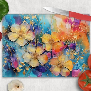Colorful Abstract Floral Glass Cutting Board, Floral Tempered Glass Cutting Board, Floral Kitchen Decor