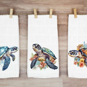 Floral Sea Turtles Kitchen or Bathroom Towels, Sea Turtle Hand Towels, Sea Turtle Bathroom or Kitchen Decor, Sea Life Decor