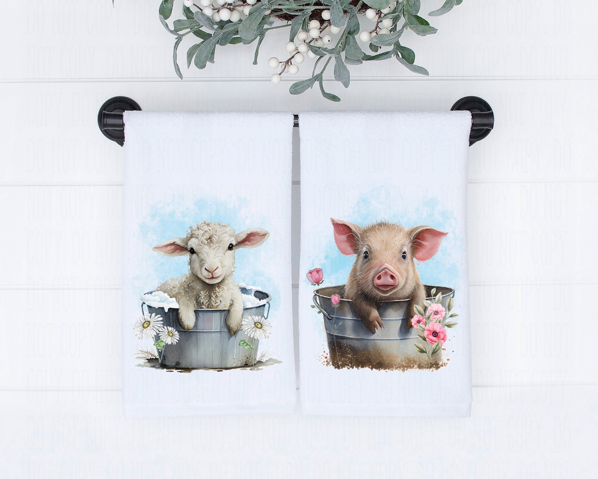 Farmhouse Kitchen Towels Set of 5 Farm Animals Rooster Pig Cow Dish Towels  Black Tan Flour Sack 16”X28” 100% Cotton