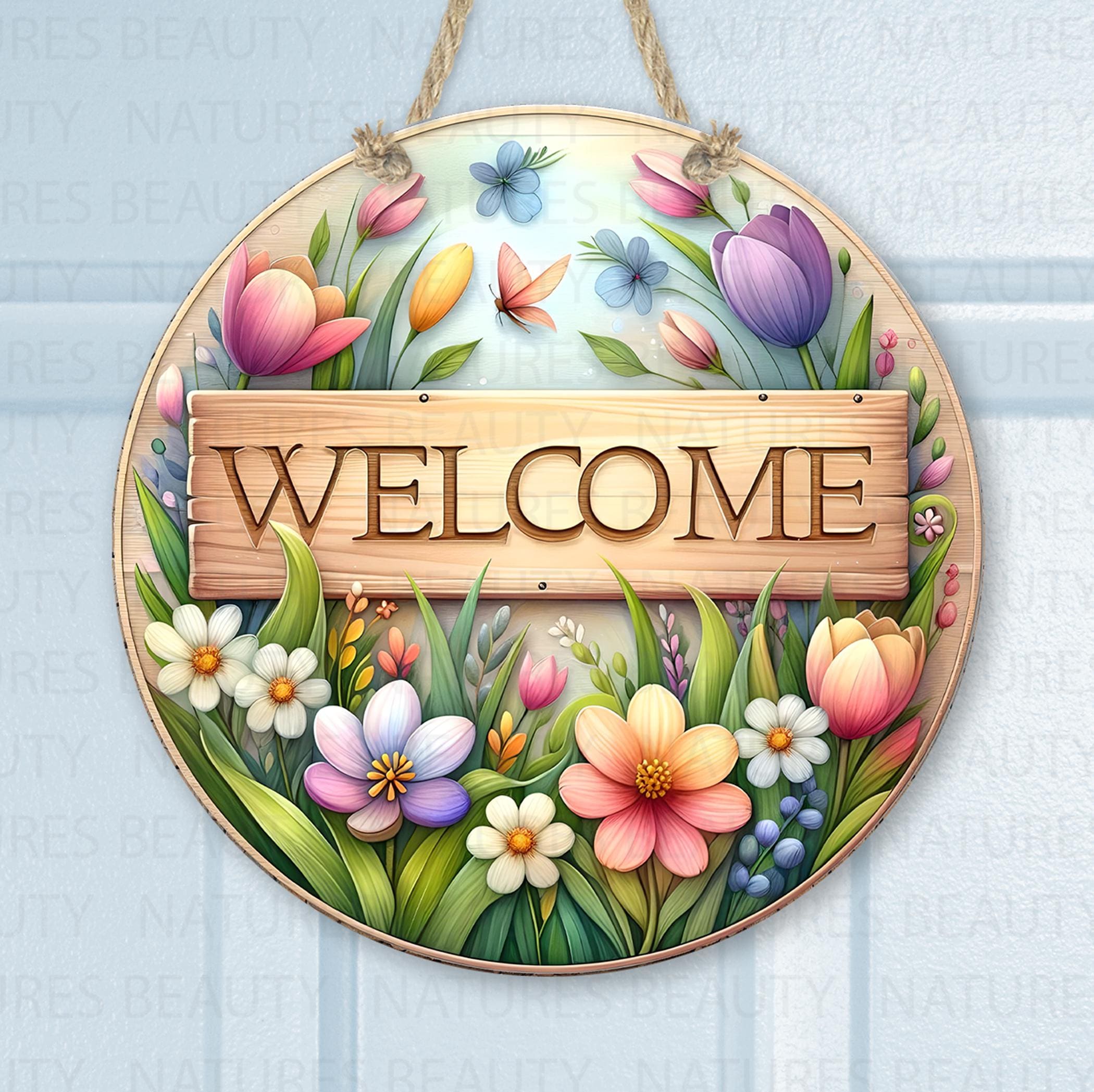 Spring Floral Welcome Door Hanger, Floral Welcome Door Sign, Printed ...
