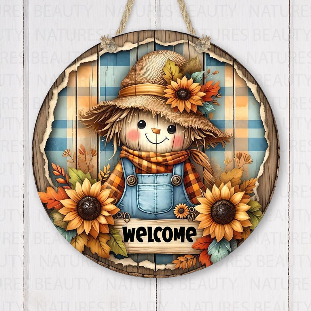 Fall Scarecrow and Sunflowers Doorhanger, Autumn Scarecrow Door Hanger ...