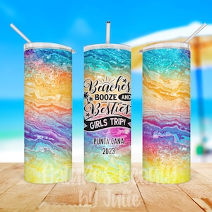 Beaches Booze and Besties Girls Trip 20oz Skinny Tumbler, Multi Color Waves Stainless Steel Tumbler, Fun Girls Trip Vacation Tumbler