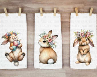 Watercolor Floral Bunny Towels, Spring Easter Hand Towels, Floral Bunny Farmhouse Kitchen Decor, Easter Decor, Bunny Kitchen and Bath Towel