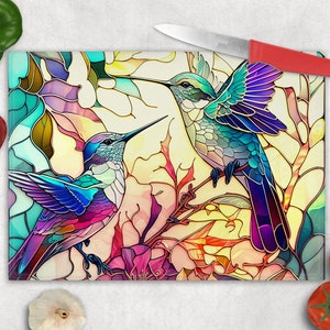 Hummingbird Glass Cutting Board: Faux Stained Glass Floral Kitchen Decor