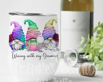 Wining with my Gnomies Wine Tumbler, Spring Gnome Tumbler, Tie Dye Wine Gnomes Tumbler, Stainless Steel Wine Tumbler, Wine Gnome Gift