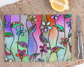Floral Stained Glass Look Printed Cutting Board, Glass Cutting Board, Floral Cutting Board, Kitchen or Bar Accessory, Bar Accessory