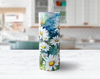 Watercolor Daisies Skinny Tumbler, Daisy Pattern Cup, Daisy Stainless Steel Skinny Tumbler with Straw, Daisy Gift