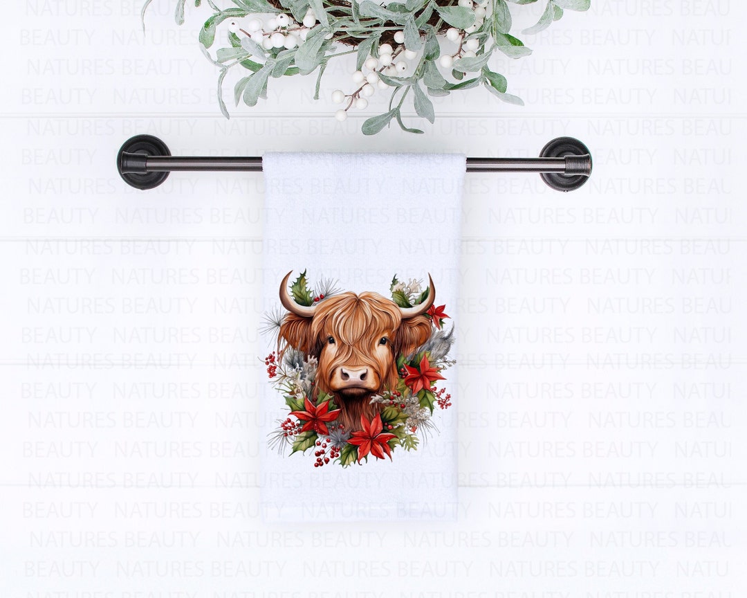 Christmas Highland Cow Kitchen or Bathroom Towels, Floral Holiday Cows ...