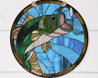 Faux Stained Glass Largemouth Bass Door Hanger: Lake House Decor