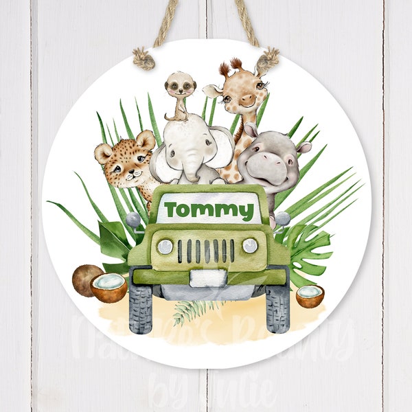 Personalized Safari Truck Doorhanger, Safari Theme Child Bedroom Decor, Jungle Theme Baby Room, Safari Baby Shower Gift, Safari Theme