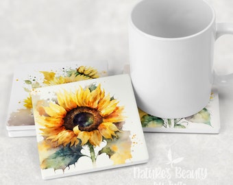 Set of 4 Watercolor Sunflower Sandstone Coasters with Cork Backing, Square Sunflower Coasters, Sunflower Decor