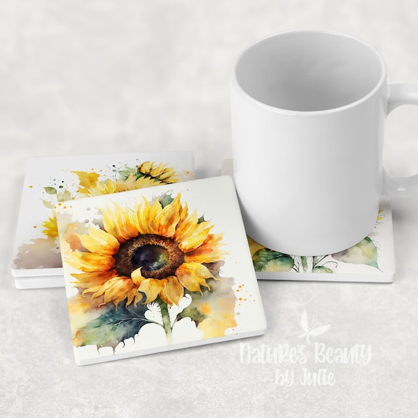 Set of 4 Watercolor Sunflower Sandstone Coasters with Cork Backing, Square Sunflower Coasters, Sunflower Decor