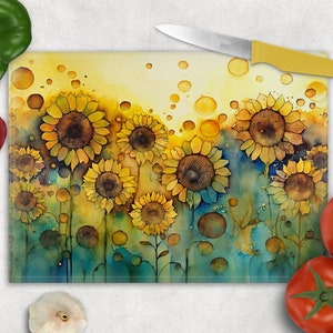 Sunflower Alcohol Ink Glass Cutting Board, Sunflower Glass Cutting Board, Sunflower Kitchen Decor, Sunflower Rectangle Glass Cutting board