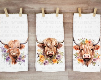 Watercolor Spring Floral Highland CowTowels, Highland Cow Towels, Farmhouse Kitchen Decor, Highland Cow Decor, Cow Kitchen Towel